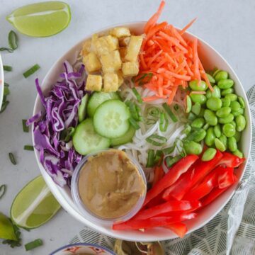 Colorful bowl on white surface with limes and green onions