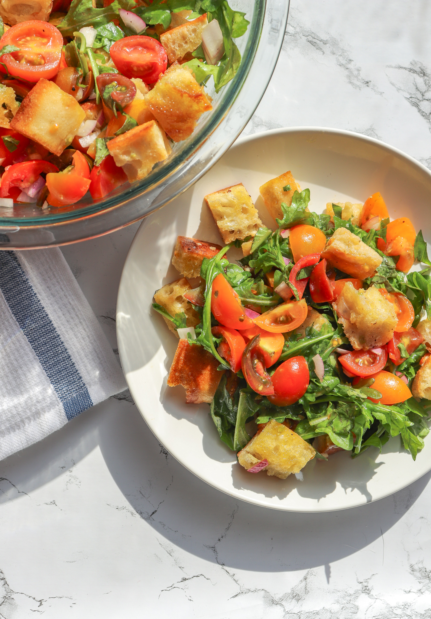 Plate of panzanella on marble countertop