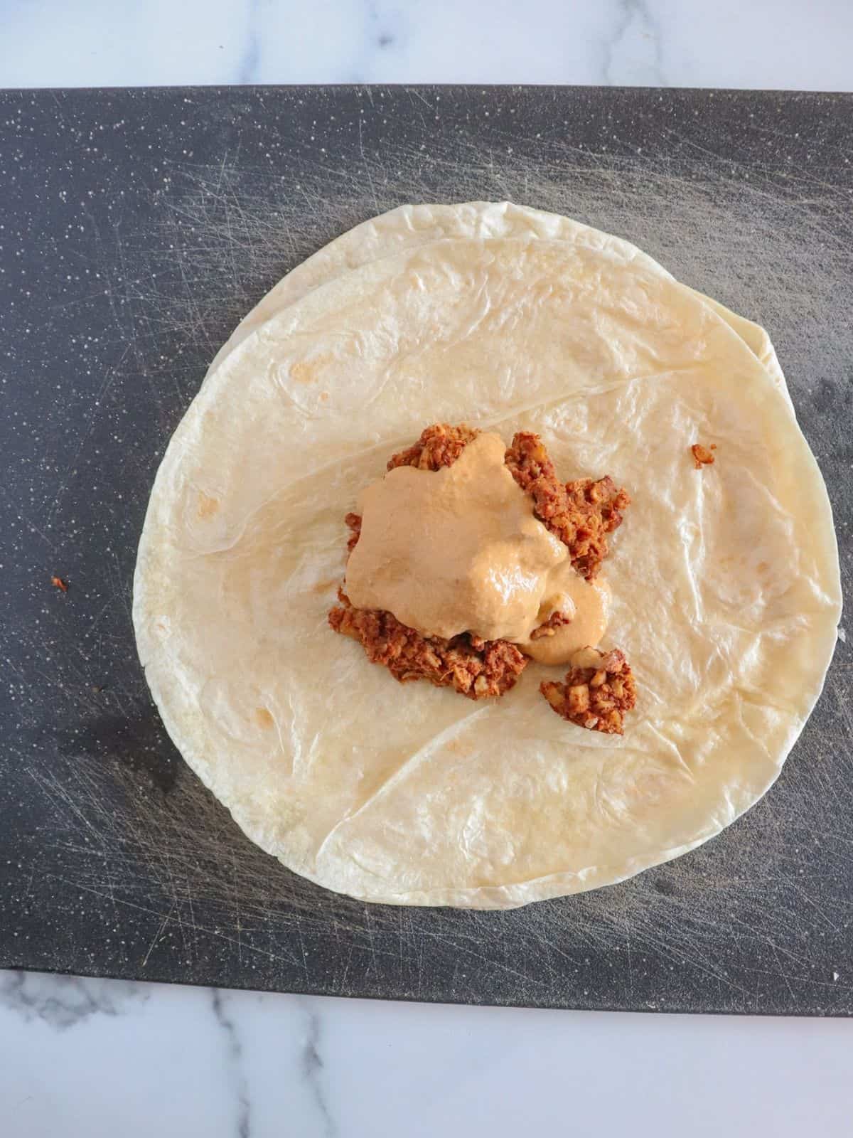 Tortilla with chickpea meat and cheese