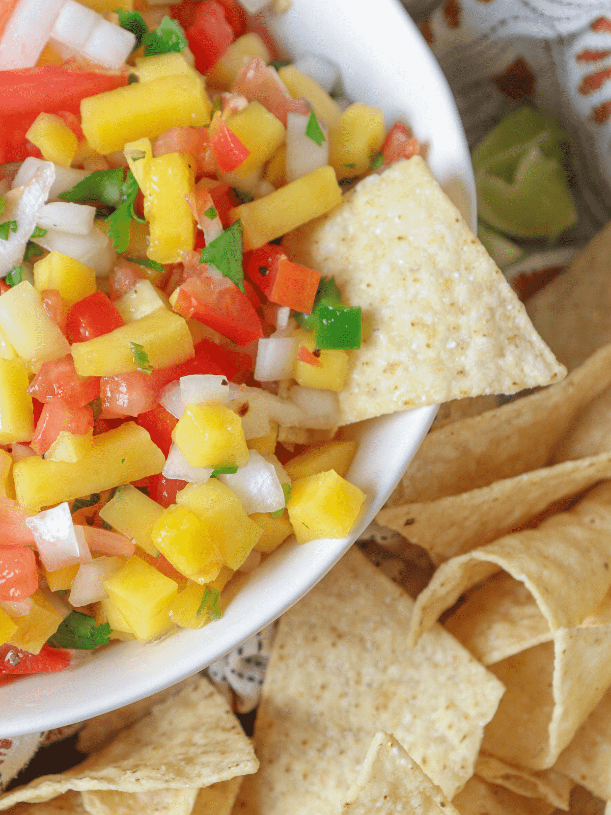 close up of finely diced vegetables and fruit with tortilla chips