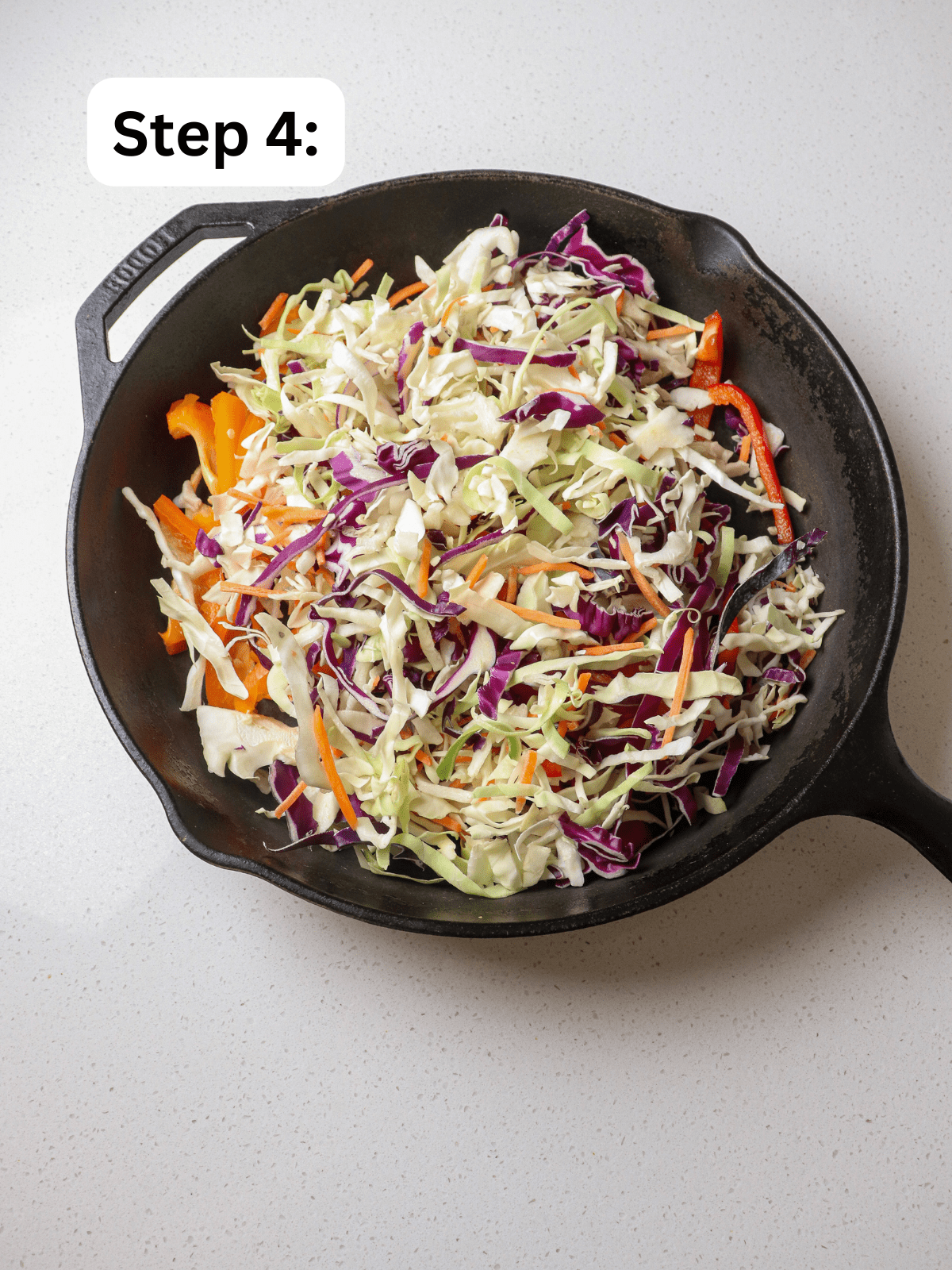 vegetables and cabbage in cast iron skillet